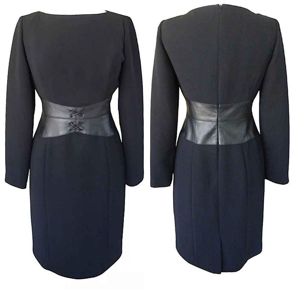 Vintage SHANI Black Leather Corset Waist Pencil Sheath Dress Work Cocktail 12 - Picture 3 of 16